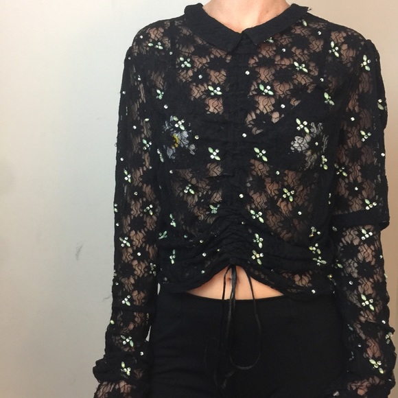 Free People Tops - NWT Free People Black Lace Jeweled Sheer HTF Top